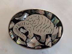 vintage HANDCRAFTED belt buckle ARMADILLO german silver ABALONE western nickel