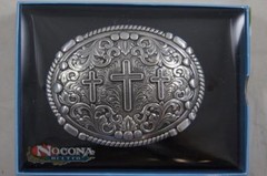 Nocona Western silver tone Belt Buckle Oval Rope Edge 3 Cross Scrolling 37980