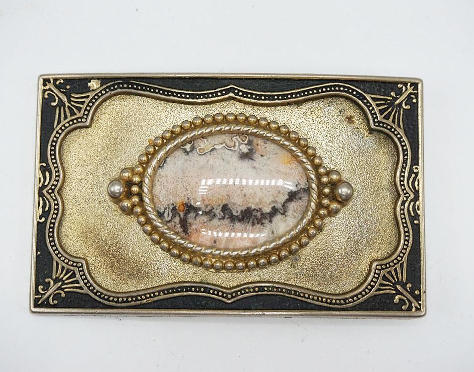Western Belt Buckle Brass Handmade Mexican Crazy Lace Agate