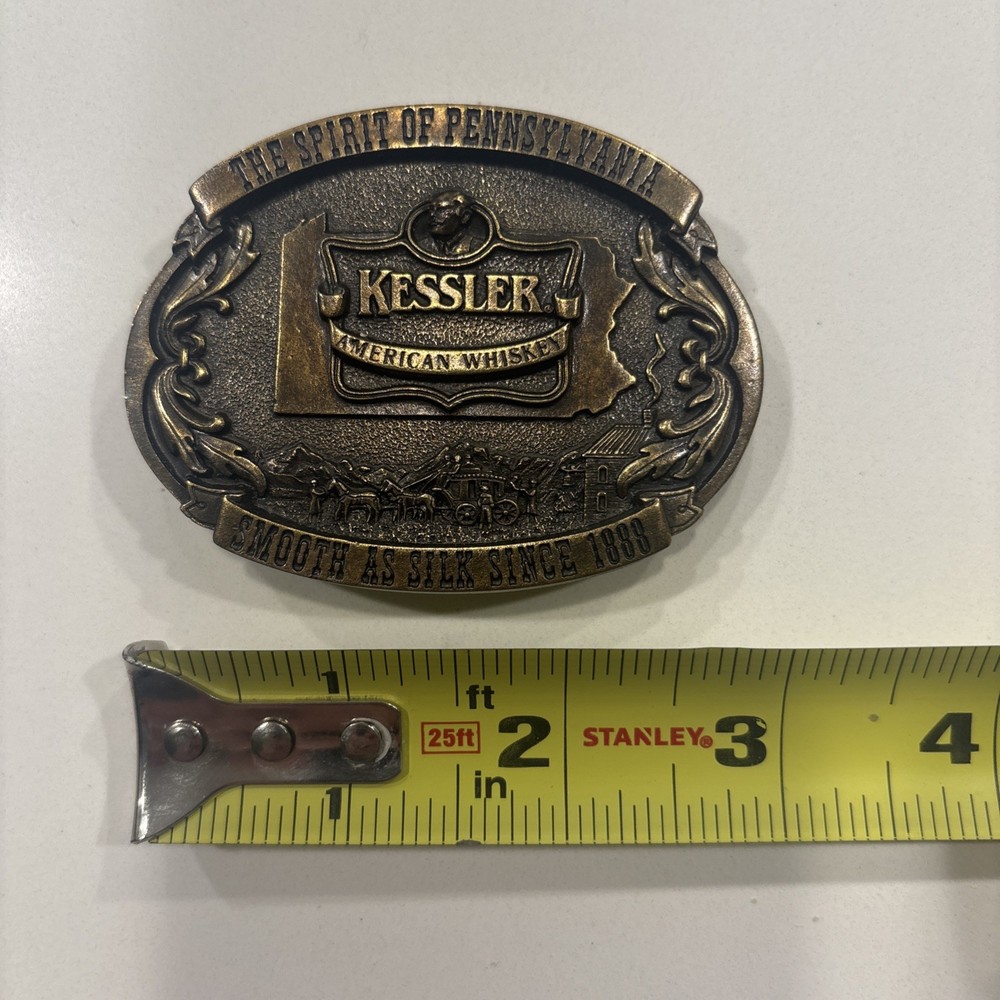 Vintage Belt Buckle Kessler American Whiskey Smooth As Silk 1993 Brass Tone USA