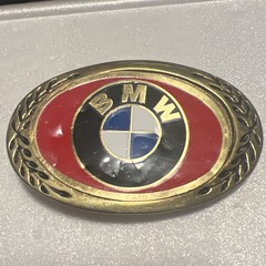 Vintage BMW Belt Buckle Brass Tone Red Enamel Logo Oval Laurel Wreath Automotive