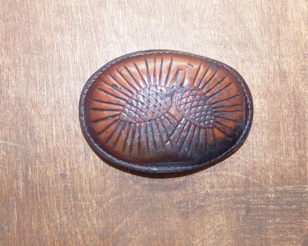 Vintage Tony Lama Oval Tooled Leather Belt Buckle Pinecones Made USA