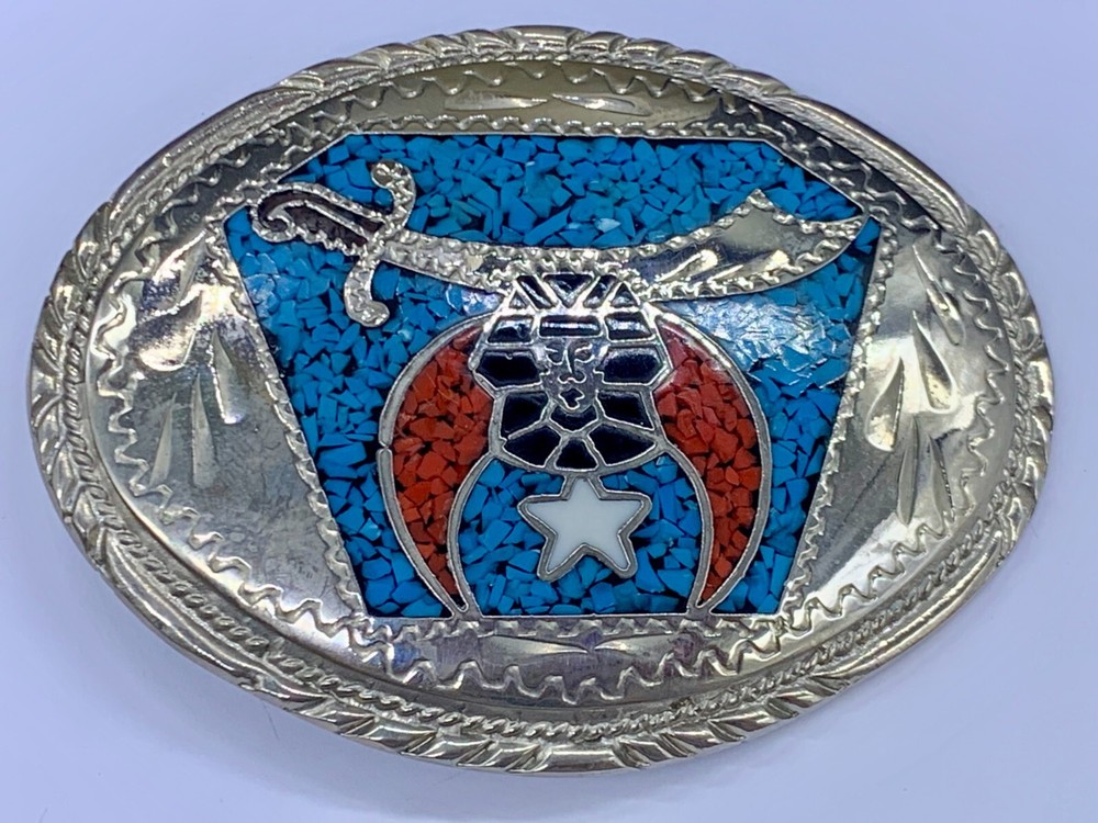 Egyptian Revival Turquoise Coral Inlay Silver Tone Oval Belt Buckle Signed