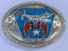 Egyptian Revival Turquoise Coral Inlay Silver Tone Oval Belt Buckle Signed