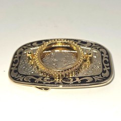 Vintage Western Blank Floral Scroll Belt Buckle Gold Silver Tone Black Enamel