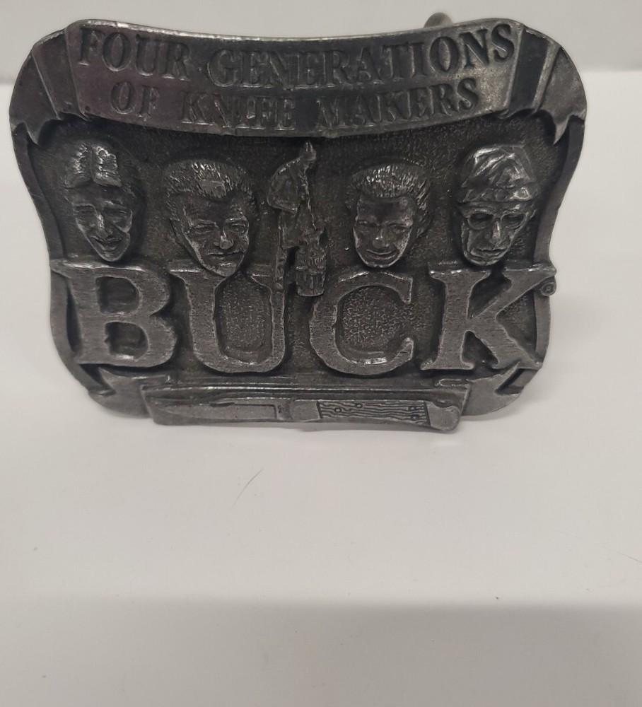 Vintage Pewter Embossed BUCK KNIVES Four Generations Knife Makers Belt Buckle