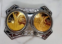 Double Centenario Western Belt Buckle Hebilla Rodeo Silver/Gold Tone 2.5”x4”