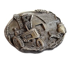 Vtg 1981 Bergamot Brass Works Farm Scene Belt Buckle Tractor Barn Dog USA D-49