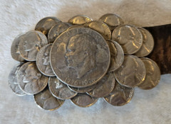 1976 HALF DOLLAR COIN AND NICKELS BELT BUCKLE HEAVY With Leather Belt