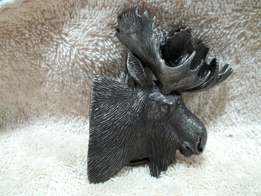 BERGAMOT Belt Buckle, Moose Head, Silver Tone Metal, Dimensional