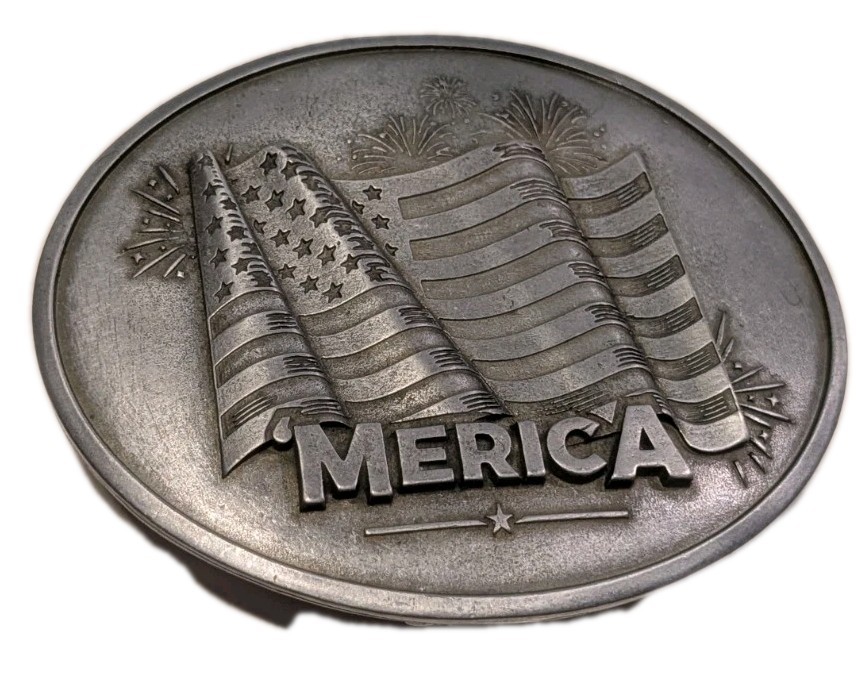 BevBuckle America USA Flag Patriotic Oval Belt Buckle Pewter Tone Made In USA