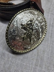 Vintage Metal Belt/Buckle Silver and Brass Bronco Rodeo Bull Riding Cowboy USA