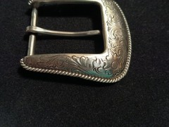 Vintage Western Style Belt Buckle Silver Tone Engraved Scroll & Flowers