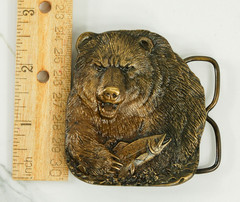 Grizzly Bear with Salmon brass belt buckle vintage Bergamot Brass Works 1978