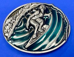 Surfer On Ocean Wave Pipeline Surfing Hang 10 – Blue Green Color Belt Buckle