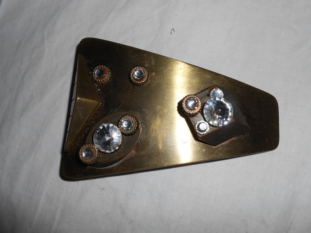 Artisan abstract brass w/rhinestones belt buckle unsigned