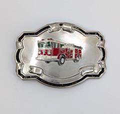 VTG Fire Truck Belt Buckle Silver Tone Red White Enamel Firefighter Blank Scroll