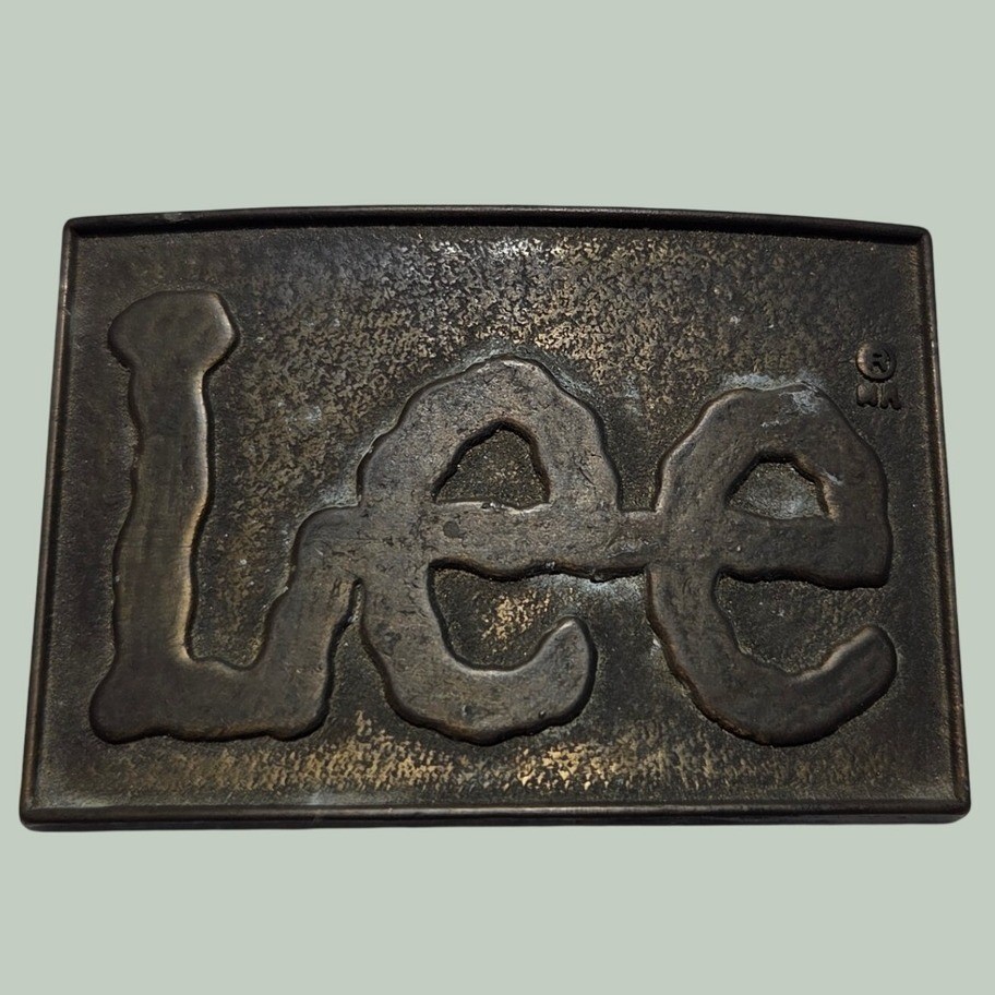 Vintage Lee Jeans Belt Buckle Brass Tone Raised Logo Rectangle Western Workwear