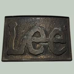 Vintage Lee Jeans Belt Buckle Brass Tone Raised Logo Rectangle Western Workwear