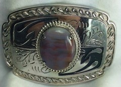 Two Belt Buckles Lrg Silvertone w/Jasper Cabochon – Goldtone Flying Eagle & Sun