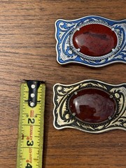 Men’s Western Belt Buckle Lot 2 Blue Silver Floral Red Stone Rectangular 1.5&Prime;