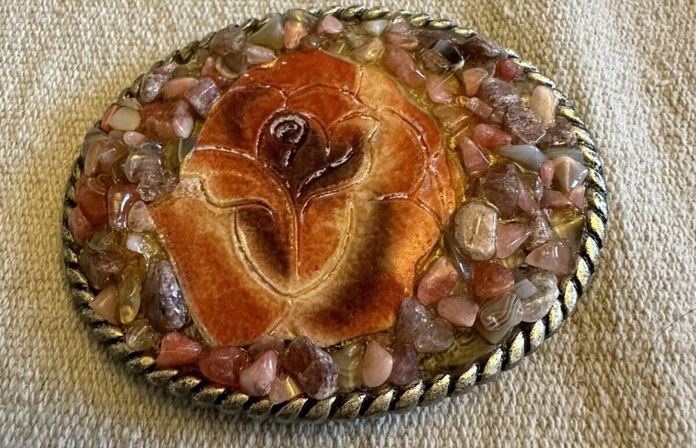 One of a kind Resin Rose Detailed Stone Resin Art Belt Buckle 3.5X2.75