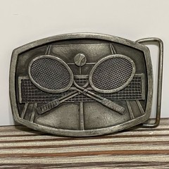 Tennis Rackets Belt Buckle Vintage 70s Indiana Metal Craft Pewter Crossing 1977