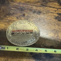 Mercury Racing Gold Tone Metal Oval Plate Belt Buckle Embossed Logo Vintage