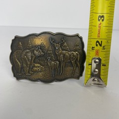 Vintage Wildlife Belt Buckle Bear Deer Fawn Forest Scene Brass Tone Scalloped