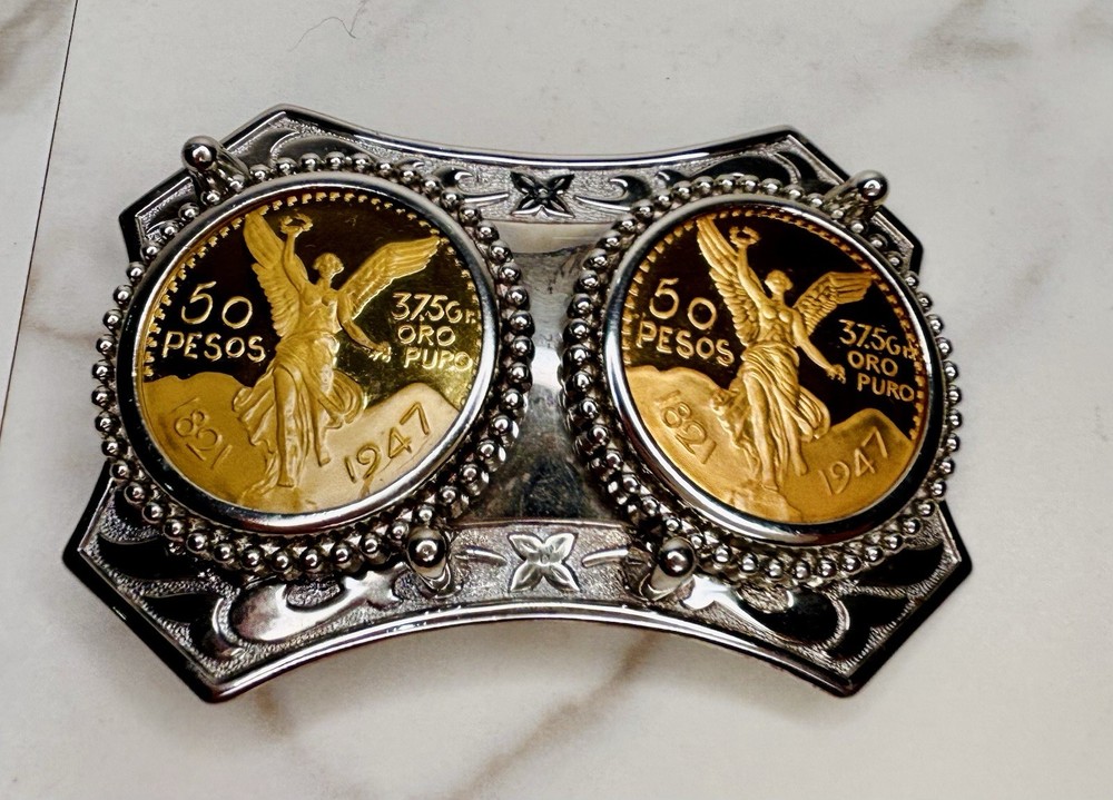 Double Centenario Western Belt Buckle Hebilla Rodeo Silver/Gold Tone 2.5”x4”