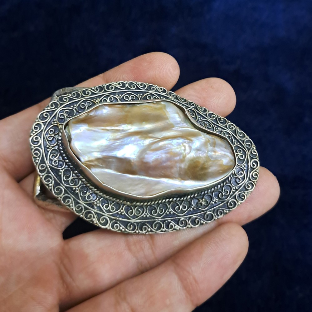 Natural Mother of Pearl Belt Buckle Handmade Silver Tone Western Belt Buckle