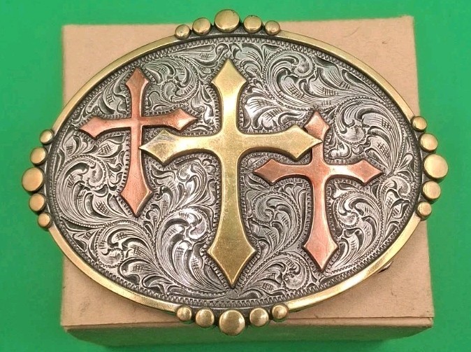 Nocona Belt Buckle Silver, Gold & Bronze w/3 Crosses 4&Prime; X 3&Prime; for 1.5&Prime; belt width