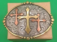 Nocona Belt Buckle Silver, Gold & Bronze w/3 Crosses 4&Prime; X 3&Prime; for 1.5&Prime; belt width