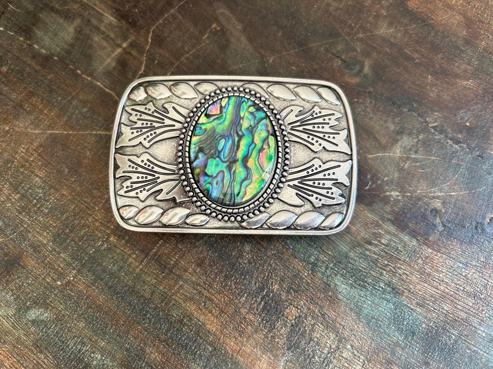 Abalone Shell Belt Buckle Engraved Silver Turquoise Inlay Fits 1.5 Inch Belt