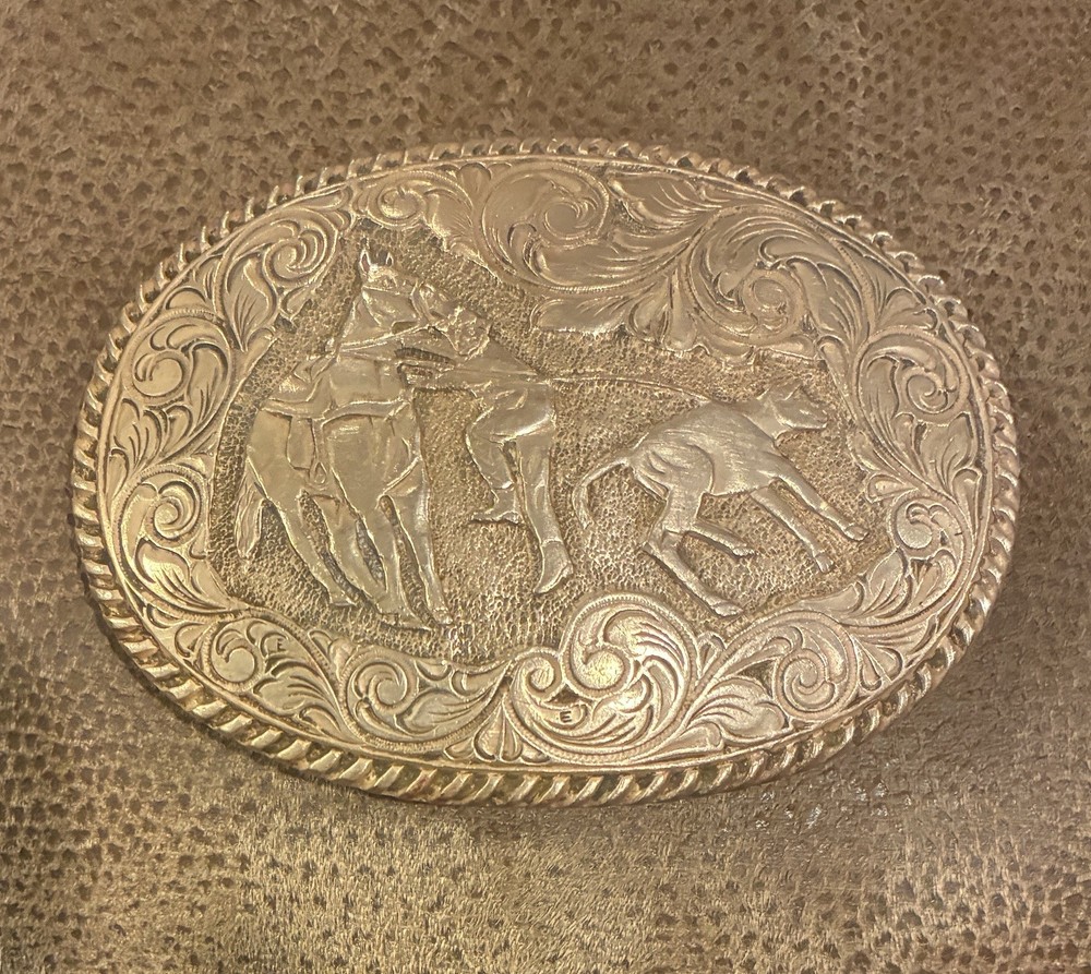 Vintage Bronze Calf-Roping Cowboy Belt Buckle Crumrine B R Western El Arturo