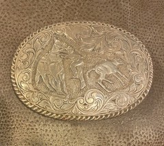 Vintage Bronze Calf-Roping Cowboy Belt Buckle Crumrine B R Western El Arturo