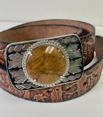 Vtg Tooled Leather Western Belt & Brown Stone BUCKLE 30/34 Small Deer Woods USA