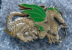 GREEN WINGED DRAGON WITH BABY DRAGONS SOLID BRASS BELT BUCKLE 1982 BARON BUCKLES