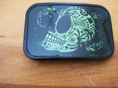 Belt Buckle Black Metal Dia De Los Muertos DAY OF THE DEAD Green Skull on Black
