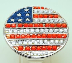 American Flag Belt Buckle round Rhinestones Red White Blue Patriotic mem & women