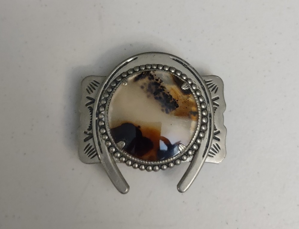 Western Belt Buckle Silver Nickel Metal w/Agate Stone Horse Shoe Decorative