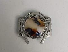 Western Belt Buckle Silver Nickel Metal w/Agate Stone Horse Shoe Decorative