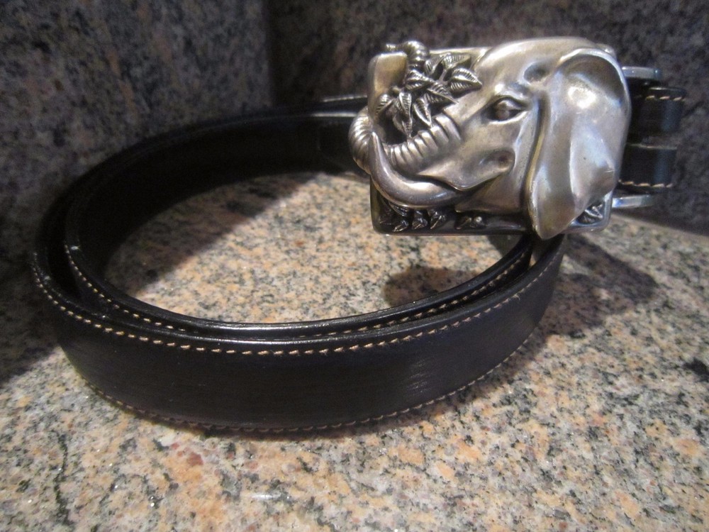 KIESELSTEIN-CORD ELEPHANT BELT BUCKLE W/BLACK LEATHER/BEIGE BELT SIZE 4