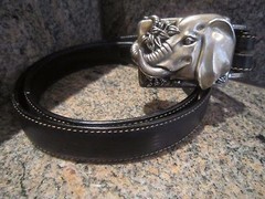 KIESELSTEIN-CORD ELEPHANT BELT BUCKLE W/BLACK LEATHER/BEIGE BELT SIZE 4