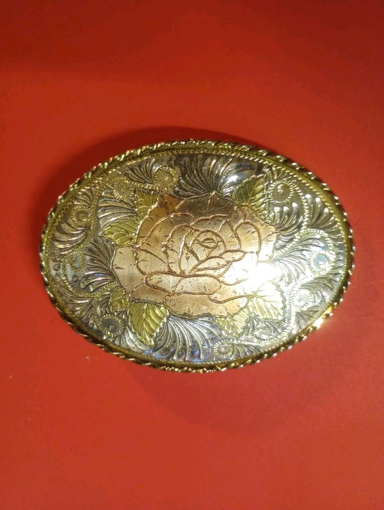 Fancy Ladies Gold Silver & Rose Gold Tone Metal Etched Rose Belt Buckle US Made