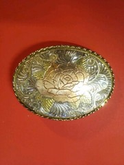 Fancy Ladies Gold Silver & Rose Gold Tone Metal Etched Rose Belt Buckle US Made