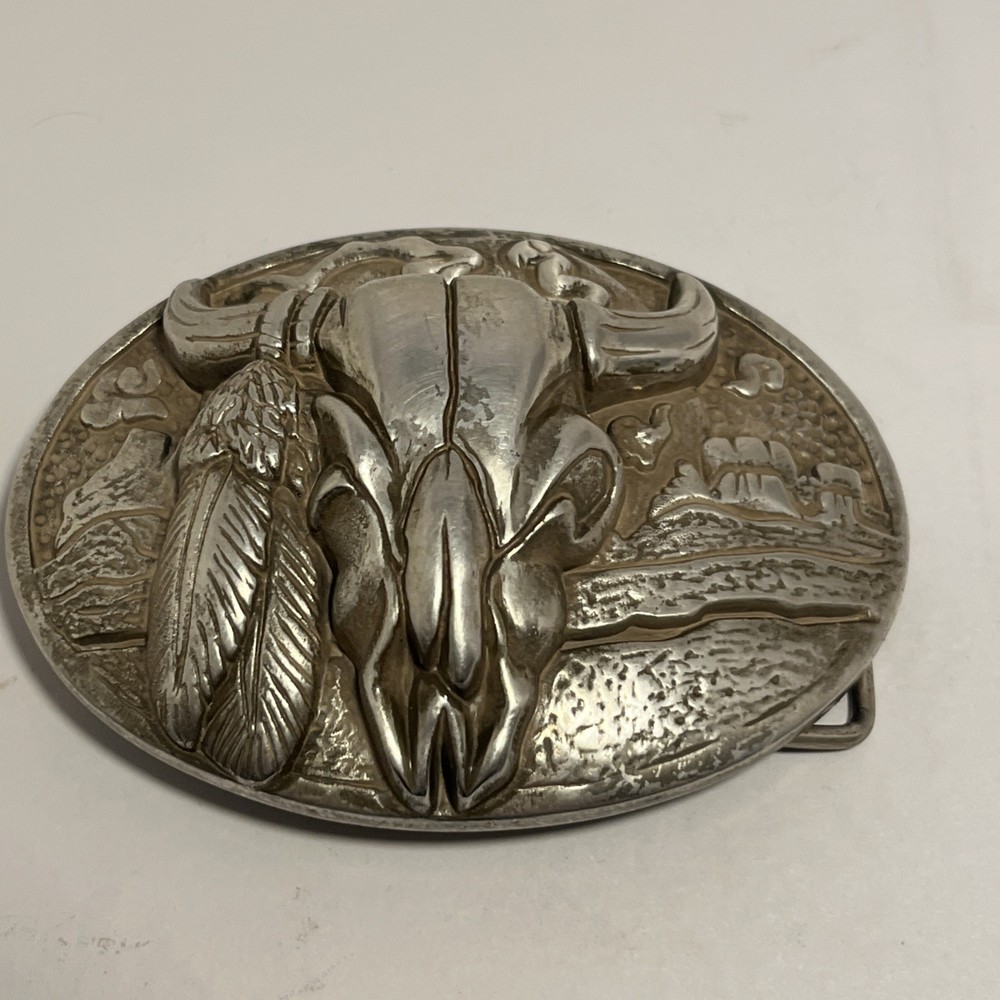 VINTAGE SILVER TONED TEXAS LONGHORN BELT BUCKLE – VERY HEAVY 💥