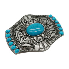Men Silver Big Metal Buckle Aztec Western Mayan Style Turquoise Blue Beads Color