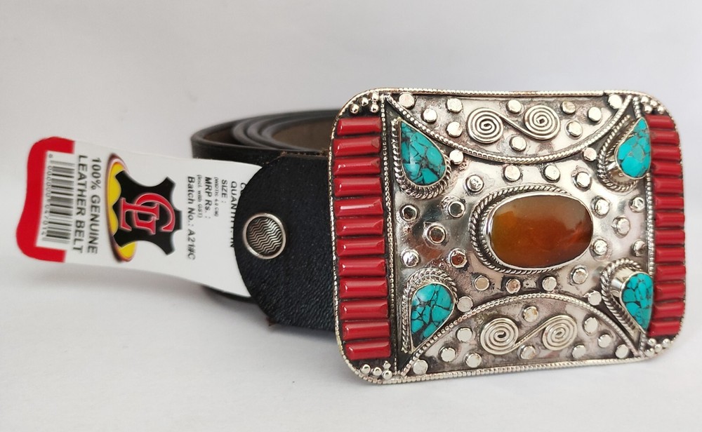 Tibetan Silver Buckle Leather Belt waist trap Turquoise Coral Clasp, B49