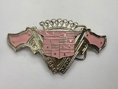 Guns Crown Shield Trucker Cadillac Grill Pink Enamel Belt Buckle Bottle Opener